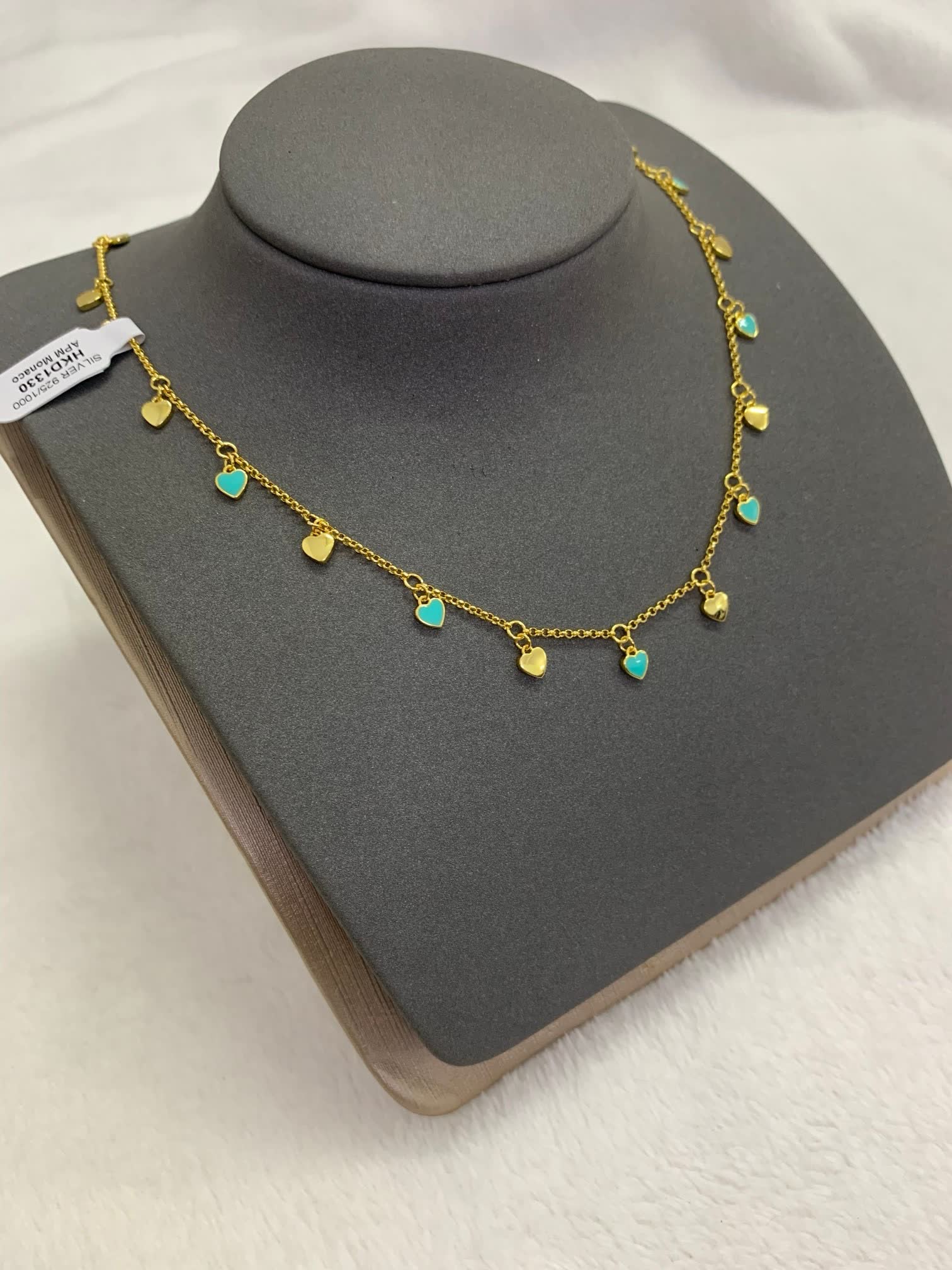 APM Monaco Gold Tone Blue Stone Heart Necklace